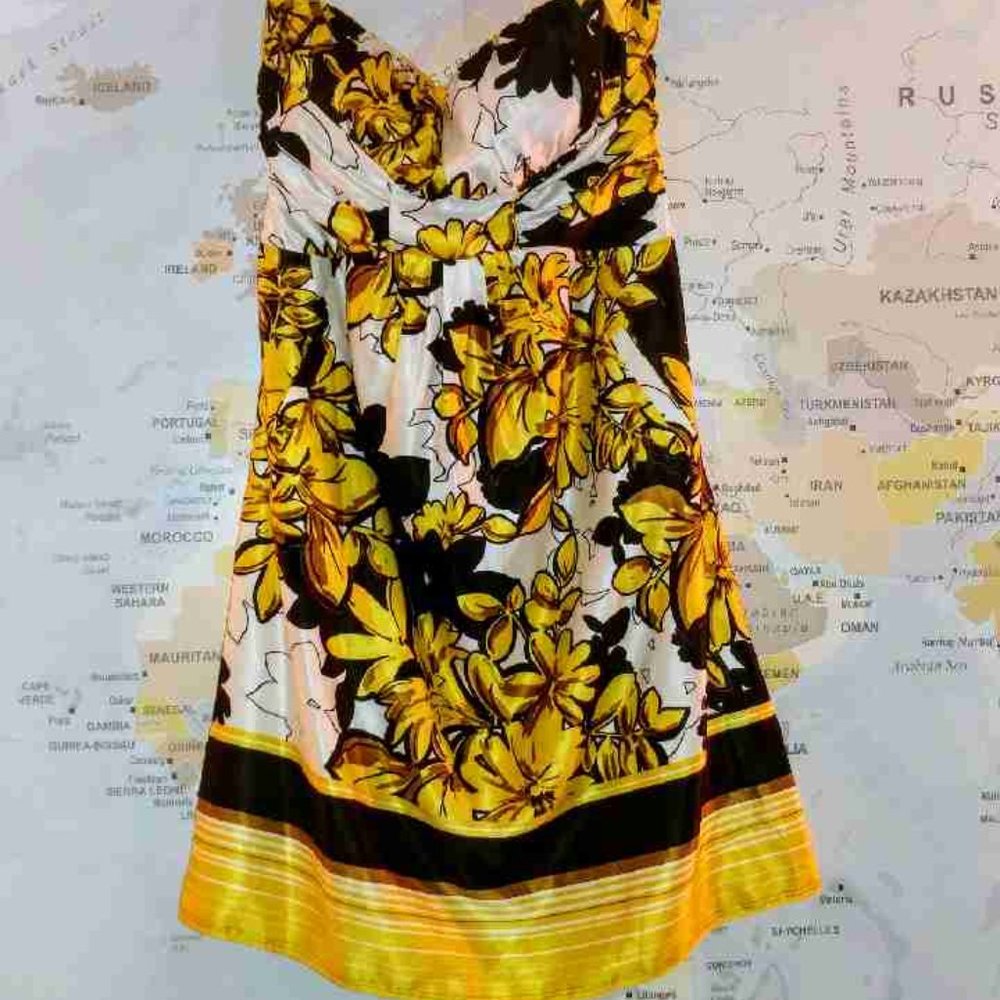 Max and Cleo white, yellow and black strapless dress